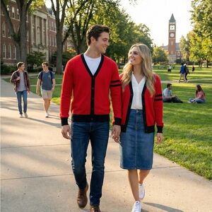 Men's Red and Black Cardigan Sweater